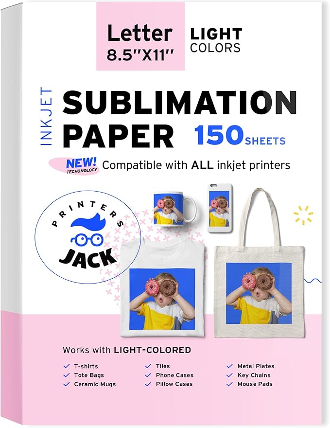 Printers Jack Sublimation Paper - 8.5 x 11 Inches, 150 Sheets 120 gsm for Any Inkjet Printer with Sublimation Ink, Heat Transfer Sublimation for T-shirt, Mugs, Light Fabric
