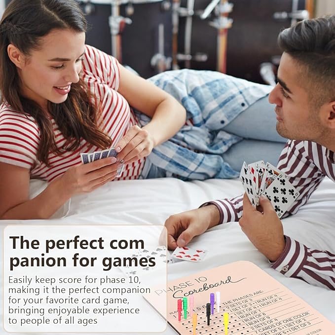 Phase 10 Score Board, Wooden Phase 10 Scoreboard, Phase 10 Score Sheets with 8 Colored Pegs, 10 Scorecard and Round Tracker, Classic Family Adults Board Card Games Night Table Score Boards