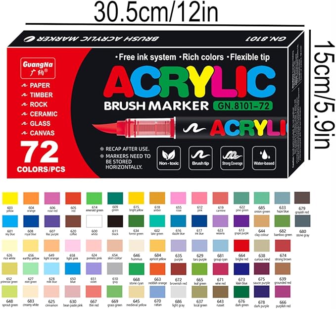 Acrylic Paint Markers Pens, 72 Vivid Colors Acrylic Markers Set,Direct Liquid Type, Stackable Color, Odorless Soft Head，Markers for School，Tooli Art ，Fabric & Creative Crafts (72)