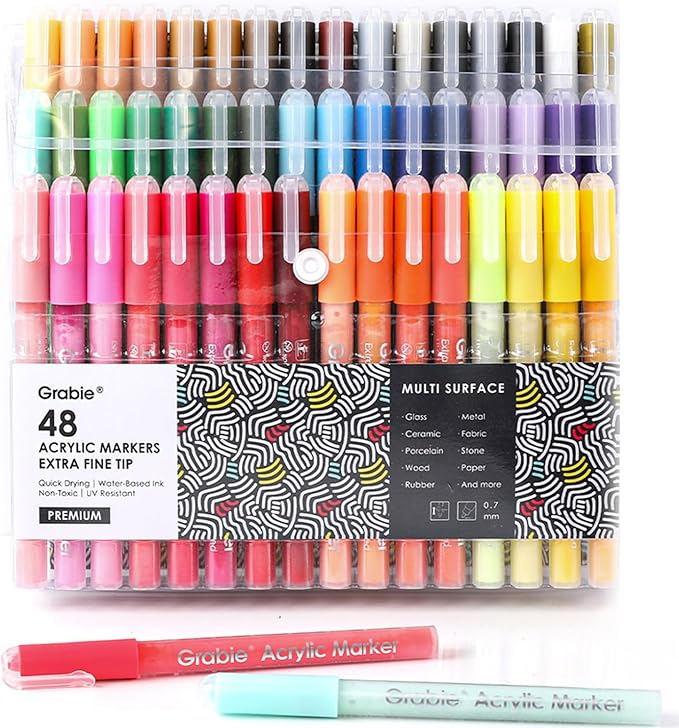 Grabie Acrylic Paint Pens Markers, 48 Colors, 0.7 mm, Extra Fine Tip Drawing Markers, Premium Paint Pens for Painting on Various Surface, Art Supplies, Set of 48