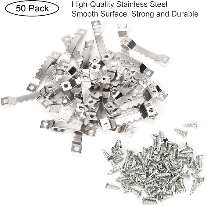 Small Sawtooth Picture Hangers 50 Pack Steel Sawtooth Hangers with Screws for Hanging Canvas Photos Frame Clock Paintings Artwork (Silver)