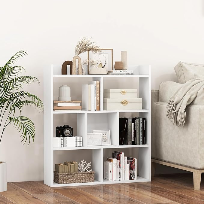 Giantex 7 Cube Bookshelf, Free-Standing Wooden Bookcase, 4 Tier Home Display Shelf, Horizontal Storage Unit w/Anti-Toppling Devices, Open-Back Display Rack for Study, Bedroom, Living Room, White