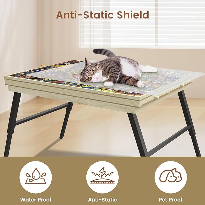 Large Puzzle Board & Puzzle Table with Folding Legs and Drawers 36″ × 26″ Tilt Tabletop for 1500 Piece Puzzle Board, Portable Ergonomic Puzzle Table for Family Bonding & Cognitive Therapy
