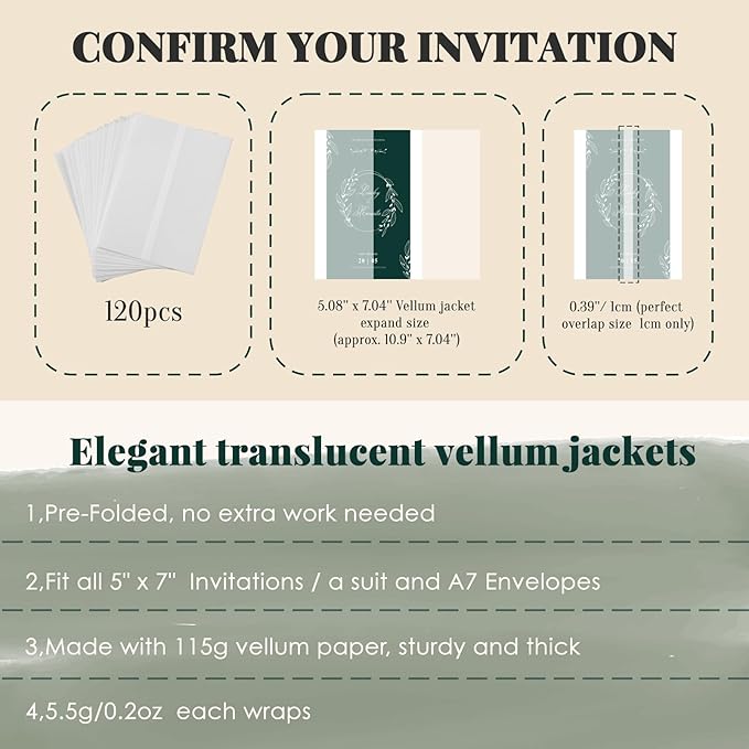 UNIQOOO 120 Pack Pre-Folded Vellum Jackets for 5x7 Invitations, Elegant Semi-Transparent Vellum Paper, 115GSM Wedding Invitation Accessories, for Envelope Liners 5x7 Inserts