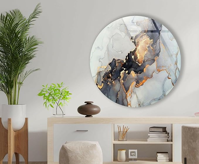 My Photostation.com 39,4''(100cm) Diameter Gold Details Gray Marble Round Glass Wall Art Tempered Glass Printing Wall Decor Large Wall Art Wall Hangings