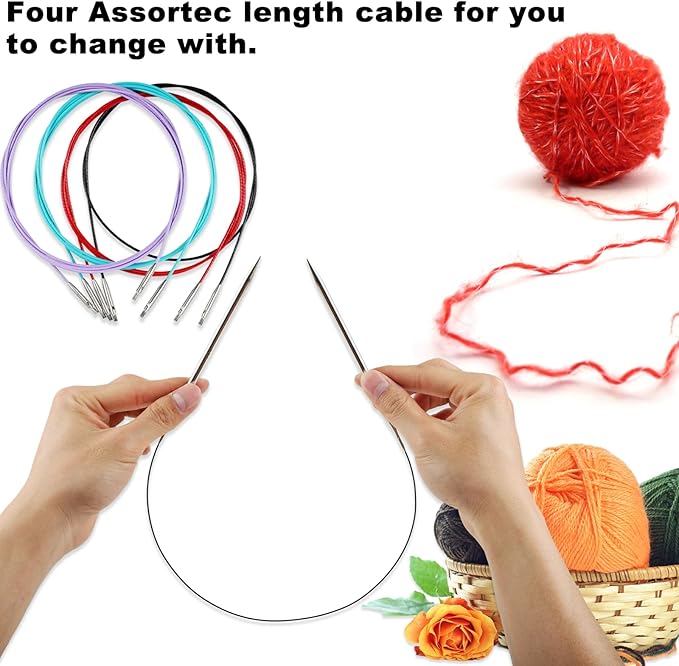 Svartur Lace Interchangeable Circular Knitting Needles, 5" Stainless Steel Interchangeable Knitting Needles Magic Loop for Socks, Gloves, US 0-8 Small Knitting Neeldes Lace-Tip with 4 Assorted Cables