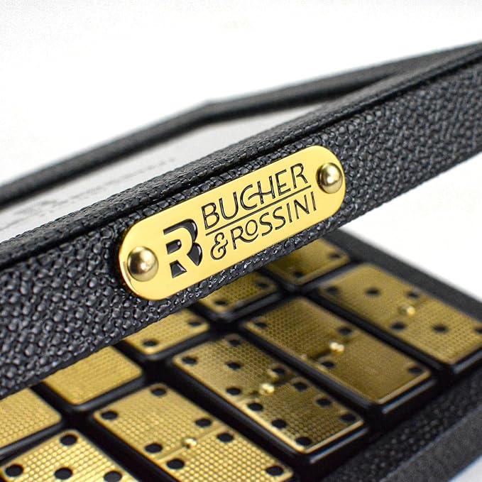 Bucher&Rossini Metal Surface Dominoes Set Double 6 for Adults and Kids - Classic 28Pieces Gold Metal Surface Domino's Game Set Idea Gift Present for Domino Players or Family Game Night