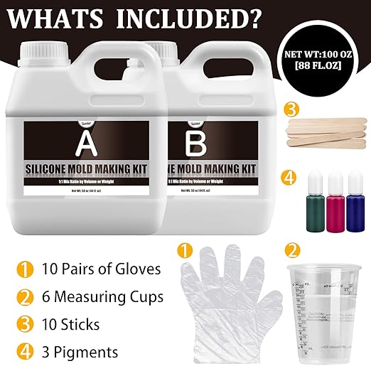 Silicone Mold Making Kit - 100oz Translucent Liquid Silicone Rubber for Mold Making - Elastic 1:1 Mixing Ratio Fast Curing Molding Silicone for Casting, DIY Resin Molds, Candle Molds, Soap Mold, Craft