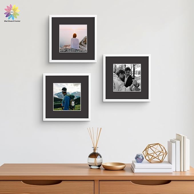 Mat Board Center, Pack of 25, 12x12 for 8x8 Black Mat Kit - Acid Free, 4-ply Thickness, White Core - Includes Backing Boards and Clear Bags - for Pictures, Photos, Framing
