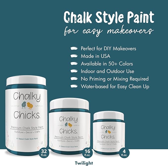 Chalky Chicks All-in-One Chalk Paint for Furniture or Cabinet - 32 Fl Oz - Matte Finish Twilight (Teal Blue) for Metal, Wood Furniture Paint - No Sanding All-in-One for Home Decor & Crafts, USA Made