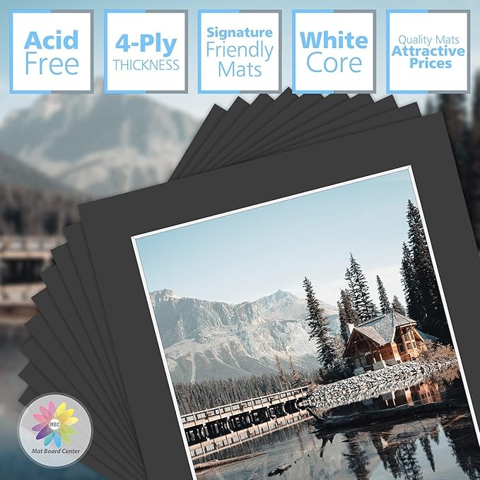 MBC Mat Board Center, Pack of 10, 16x20 for 12x16 Black Photo Picture Mats - Acid Free, 4-ply Thickness, White Core - for Pictures, Photos, Framing
