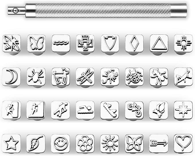 33 PCS Leather Stamping Tool Set, 32 PCS Leather Stamps Patterns + 1 Stamping Handle for Craft, Quality Craft Tool Stamp Set for DIY Beginners and Professionals