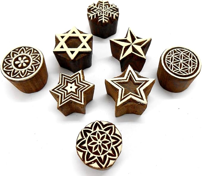 Pack of Elegant Design Wooden Blocks Stamps for Printing on Textiles, Pottery Crafts,Henna, Scrapbooking (Set of 8)
