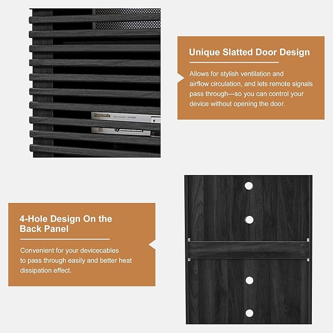 LEVNARY 5-Tier AV Media Cabinet with Grille Door & Adjustable Shelves, Modern Wooden Stereo Rack with Cable Management & Wheels, Audio Video Stand for Living Gaming Room Recording Studio (Black)