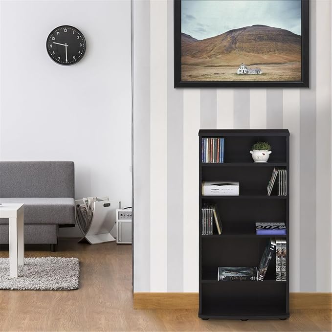 Adjustable Shelves Multimedia Storage Tower Rack with Spacious Media Organization, Durable Design, Versatile Rack for DVDs, CDs, Games, and More Espresso/4 Tier