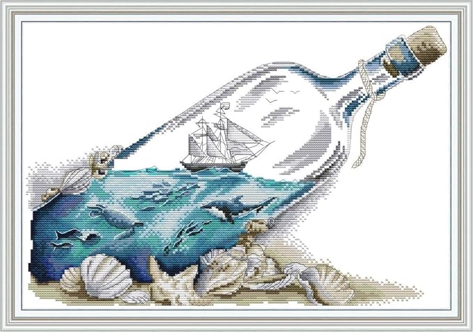 Maydiyer Cross Stitch Kits Stamped Full Range of Embroidery Starter Kits for Beginners DIY 11CT Embroidery Kit for Girls-Sea in a Bottle 16.5×11.8 inch