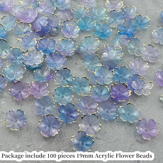 100pcs Acrylic Flower Beads, 19mm Cherry Blossom Plastic Gradient Flower Spacer Beads for DIY Crafts Bracelet Necklace Earrings Jewelry Making(Blue Purple)