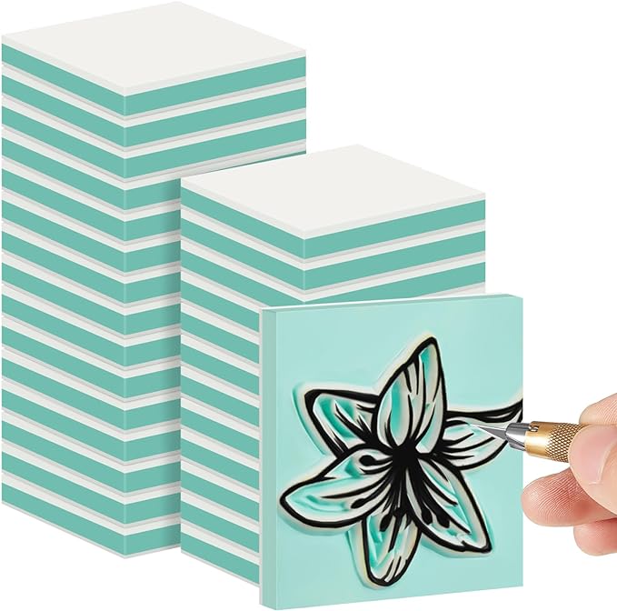 Frienda 24 Pcs 2" X 2" Rubber Carving Blocks Linoleum Blocks for Printmaking, Stamp Making, DIY Crafting, Scrapbook, Painting, Soft and Easy to Carve (White Green)