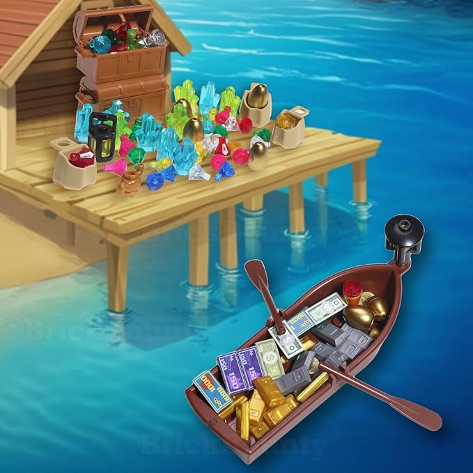 220 Pcs Pirate Treasure Money Parts Building Blocks, Expedition Wooden Boats Treasure-Maps, Cash Chests with Gold Nuggets, Pretend Play Dollar for Friends City Farm Series Bricks