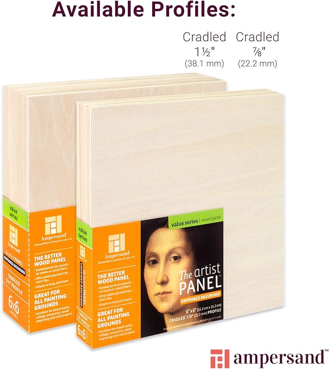 Ampersand Art Supply Unprimed Basswood Artist Panel, 1-1/2" Cradled Profile, 10"x20"