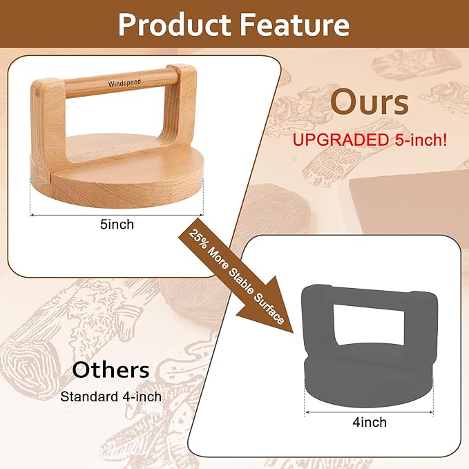 Windspeed Upgrade Wood Baren for Printmaking, 5.5 in Thicker Block Printing Baren Tools Printing Wood Block for Linocut Scrapbooking Crafting Embossing Tool with Wiping Cloth
