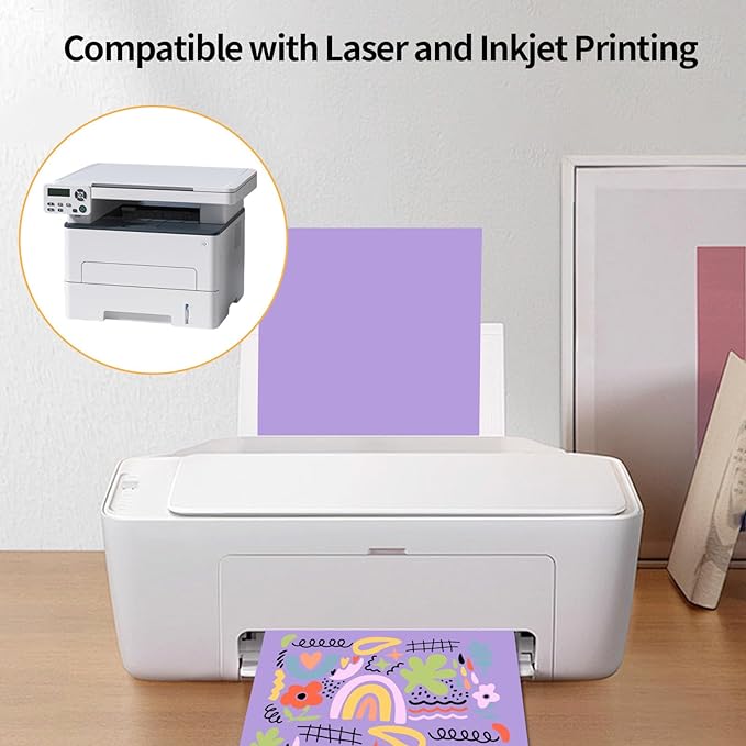 Printable Sticker Paper, 20 Sheets Purple Printable Sticker Paper, Laser/Inkjet Printing- Matte Purple, Letter Size (8.5" x 11")