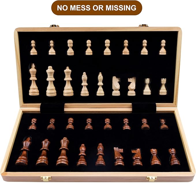 Gothink Magnetic Wooden Chess Board Set with Manual for Adults Kids 15 Inch Chess Puzzle with 32 Wood Handmade Pieces Folding Portable Travel Unique Chess Game for Tournament Professional Beginner