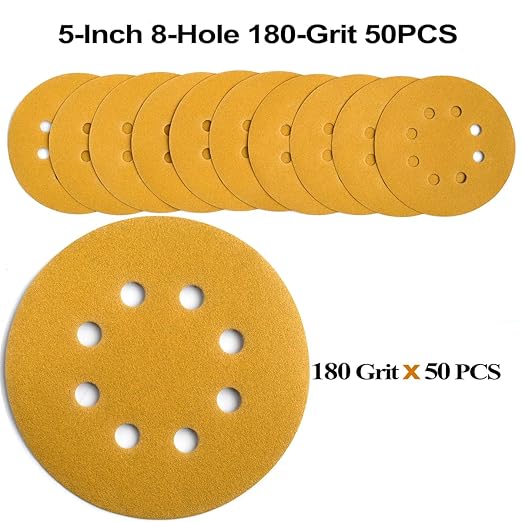 5-Inch 8-Hole Hook and Loop Sanding Discs 180-Grit Random Orbit Sandpaper, 50-Pack