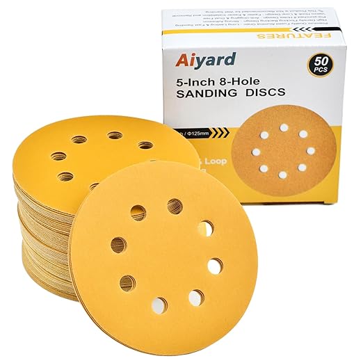 5-Inch 8-Hole Hook and Loop Sanding Discs 320-Grit Random Orbit Sandpaper, 50-Pack