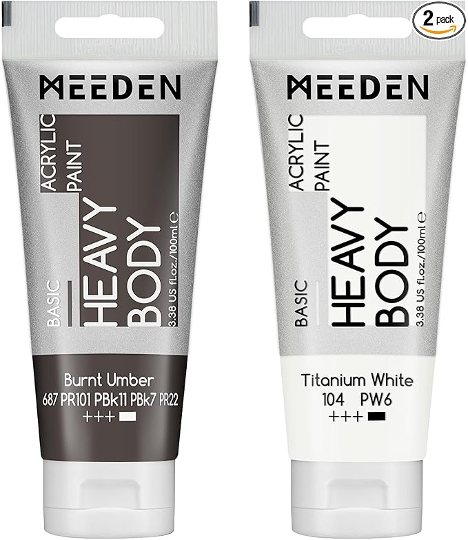 MEEDEN Acrylic Paint Burnt Umber: Bundled with Titanium White Color - 100ml/3.38oz x 2 Bulk Heavy Body Acrylic Paint Tubes for Art Craft Painting