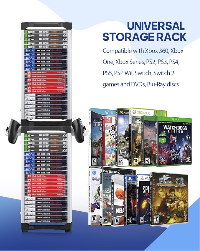 Nargos Video Game Storage Tower for PS5/ PS4/ PS3/ PS2/ PSP/Xbox One/Xbox 360 and Xbox Series X/S/Wii/Wii U/Switch/Switch 2 Game Cases, DVD and Blu-Ray Disks Holder Organizer (46 PCS)