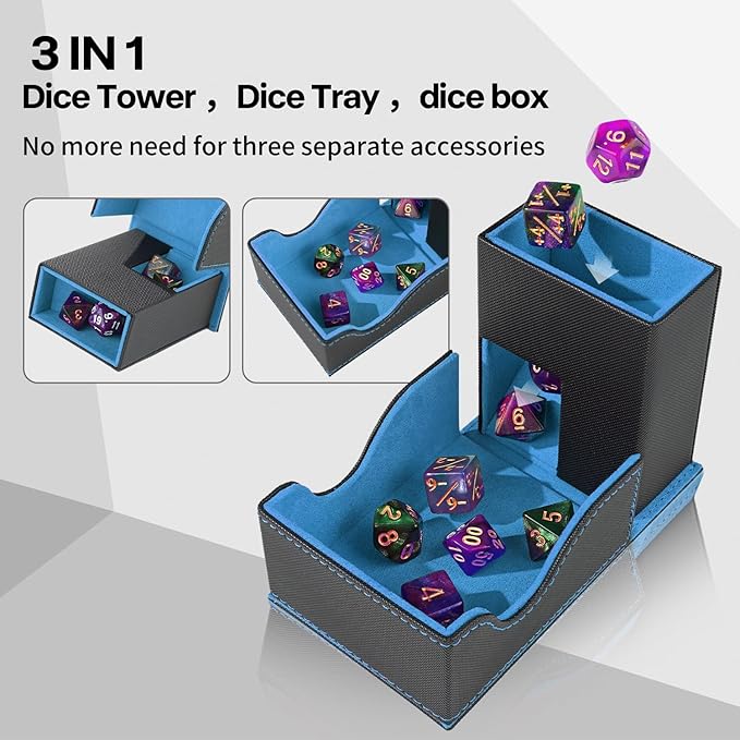 Dice Roller Tower, Premium DND Magnetic Dice Tray, Foldable PU Leather Dice Tower RPG Gifts for Dungeons and Dragons MTG Dm & Player Black/Blue
