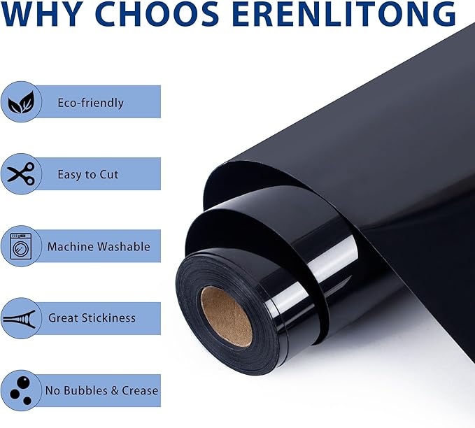 RENLITONG Black Iron on Vinyl 12Inch by 50ft Roll HTV Heat Transfer Vinyl for T-Shirt HTV Rolls for All Cutter Machine - Easy to Cut & Weed for Heat Transfer Design