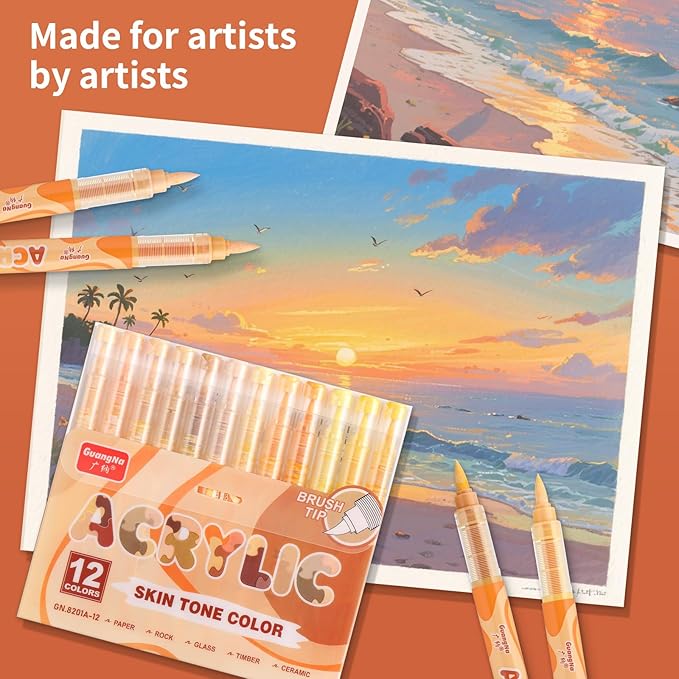 Guangna Acrylic Paint Markers 12 Colors, Skin Tone Series Set with Soft Brush Tip Water Based, Fine Tip Markers for Wood, Canvas, Rock Painting, Glass, Diy Crafts, Fabric Paint