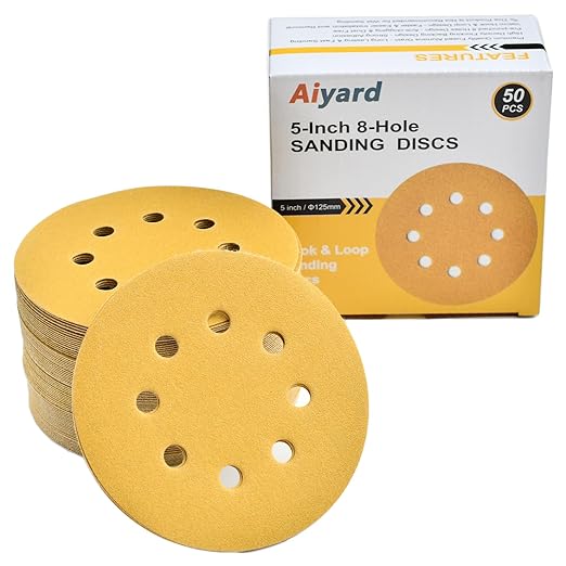 5-Inch 8-Hole Hook and Loop Sanding Discs 180-Grit Random Orbit Sandpaper, 50-Pack