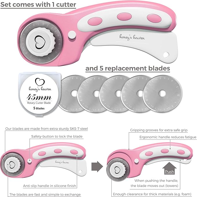 Rotary Cutter Set - Quilting Kit incl. 45mm Fabric Cutter, 5 Replacement Blades - Ideal for Crafting, Sewing, Patchworking, Crochet & Knitting (Pink, Cutting Mat Set (36" x 24"))