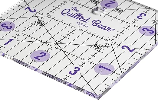 The Quilted Bear Quilting Rulers - Transparent Acrylic Non Slip Quilting, Patchwork & Sewing Ruler with Clear Black Lines & 30, 45 & 60 Degree Angles for Perfect Accuracy & Precision (4" x 4")
