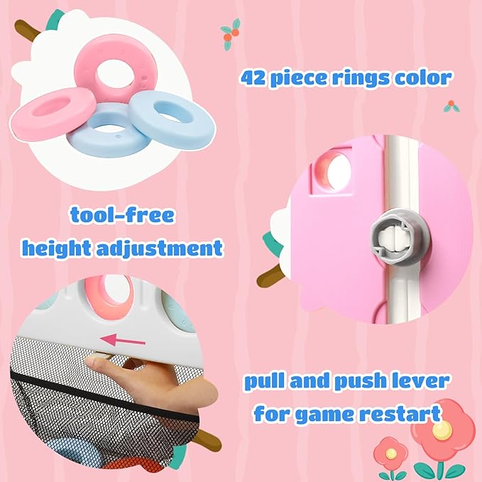 Giant 4 in-A-Row Connect Game Set, Adjustable Height Jumbo Yard Game with Basketball Hoop, Golf, Mesh Pocket & Ring Toss, Indoor Outdoor Family Backyard Party Game for Kids and Adults, Pink-White