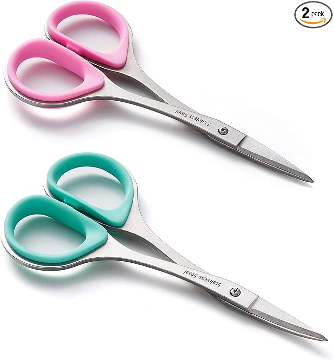Beaditive Sewing and Embroidery Scissors Set (2 Pc.) Curved and Straight, Sharp, Stainless-Steel Design | Precision Tips, Ergonomic Rubber Handle Grip | Small, Compact DIY Use (1 Curved, 1 Straight)
