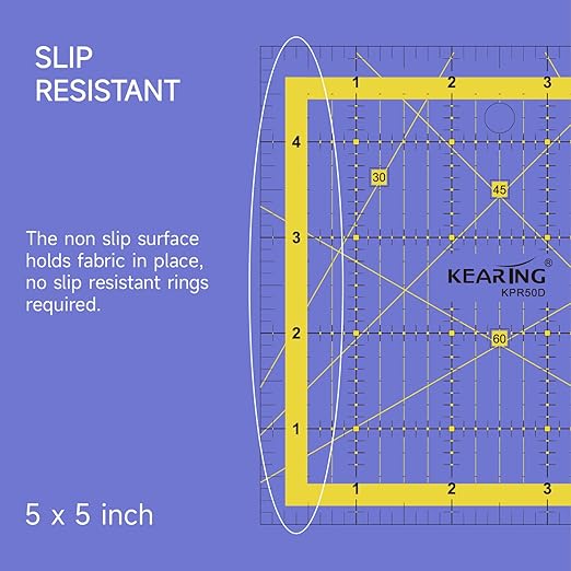 KERING Patchwork Quilting Ruler - 5x5 inch Non-Slip Acrylic Square Ruler for Foundation Paper Piecing, Bias Strips & Rotary Cutting, Durable Quilter's Tool with Anti-Slip Backing