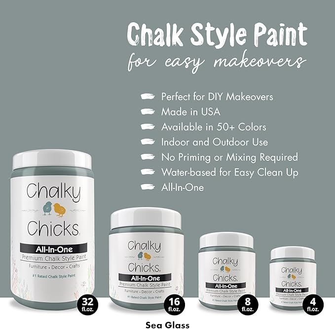 Chalky Chicks All-in-One Chalk Paint for Furniture or Cabinet - 4 Fl Oz - Matte Finish Sea Glass (Light Blue) for Metal, Wood Furniture Paint - No Sanding All-in-One for Home Decor & Crafts, USA Made