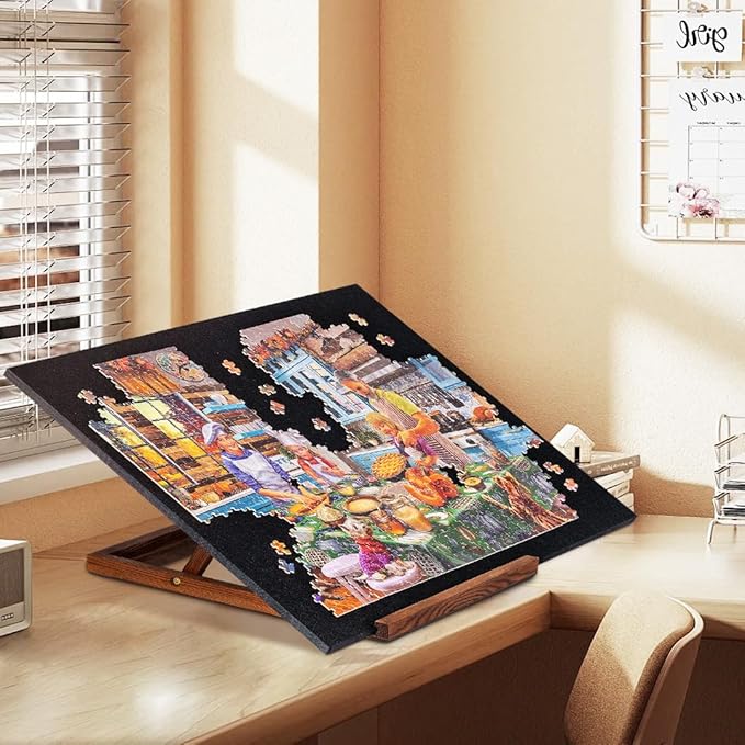 Tektalk Foldable Jigsaw Puzzle Board with 3 Angle Adjustable Bracket/Stand, Lightweight Portable Puzzle Mat Plateau with Wooden Easel, Foldaway Felt Puzzle Table, for Up to 1000 Pieces - Black