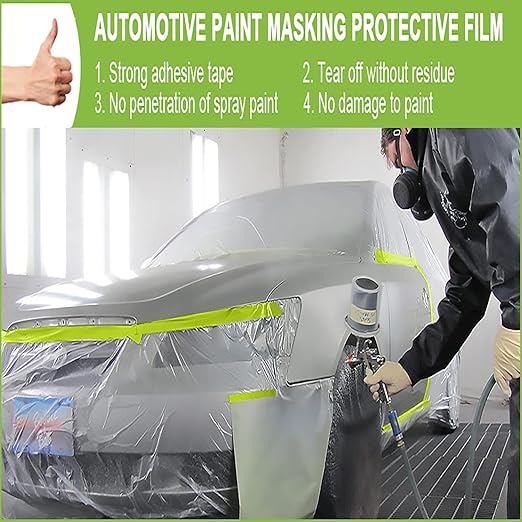 Pre-Taped Masking Film-55inx65ft Tape and Drape Painters Paper Rolls, Plastic Painting Film for Automotive Painting Covering （Masking Film:6rolls,Tape:3rolls）