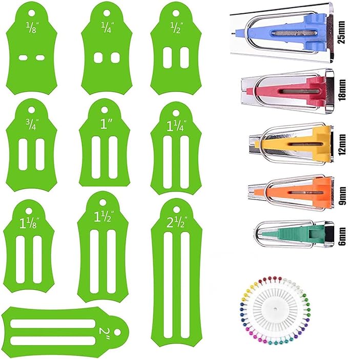 Bequilter Fabric Bias Tape Maker Tools Set of 15 Size Fabric Sewing Quilting Bias Binding Maker Come with 40 pcs of Multi-Color Quilting Pins Jelly Roll Sasher Tool Set