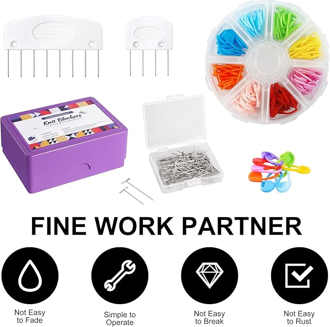 MEVOME Blocking Mats for Knitting with 20pcs Knitting Blockers 200 T-pins 104 Locking Stitch Markers, Extra Thick Block Boards with Grids Storage Bag for Needlepoint Crochet - Pack of 9 (White)