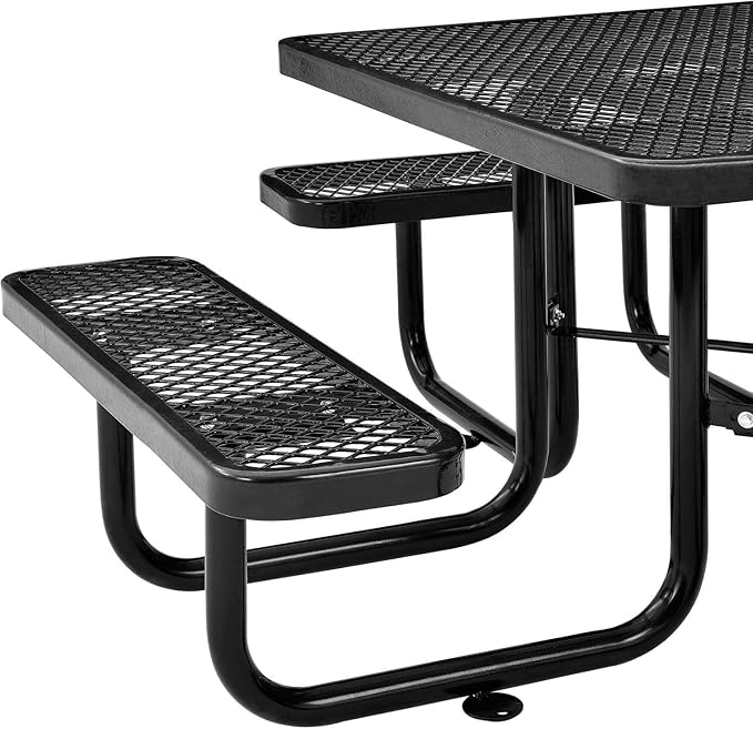 Global Industrial 46" Square Picnic Table, Expanded Metal, Black Thermoplastic Coating, Attached Benches, 1-1/2” Umbrella Pole Hole, Outdoor-Rated, 1000 lb Capacity