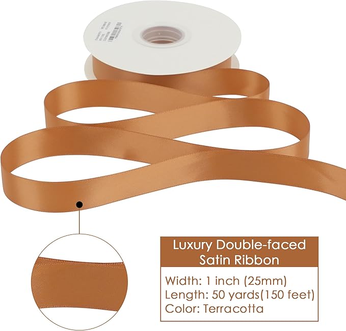HUIHUANG Terracotta Satin Ribbon 1 Double-Faced Satin Ribbon 50 Yards Terracotta Silk Wedding Ribbon for Gift Wrapping, Flower Bouquet, Invitations, Holiday Decor, Hairs, Bows Making