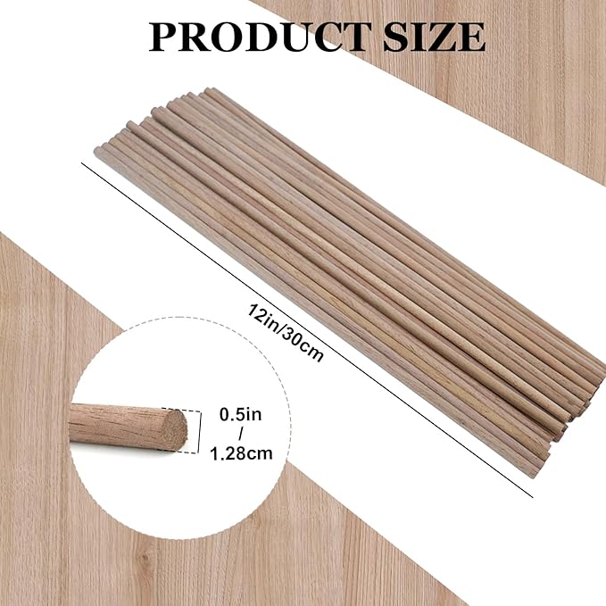 24pcs Wooden Dowel Rods, 0.47 X 12 Inch Long Walnut Dowel Rod Wooden Sticks for Crafts, Round Wood Filler Sticks, Unfinished Wood Dowels for Woodworking Building Material Window Cake Support