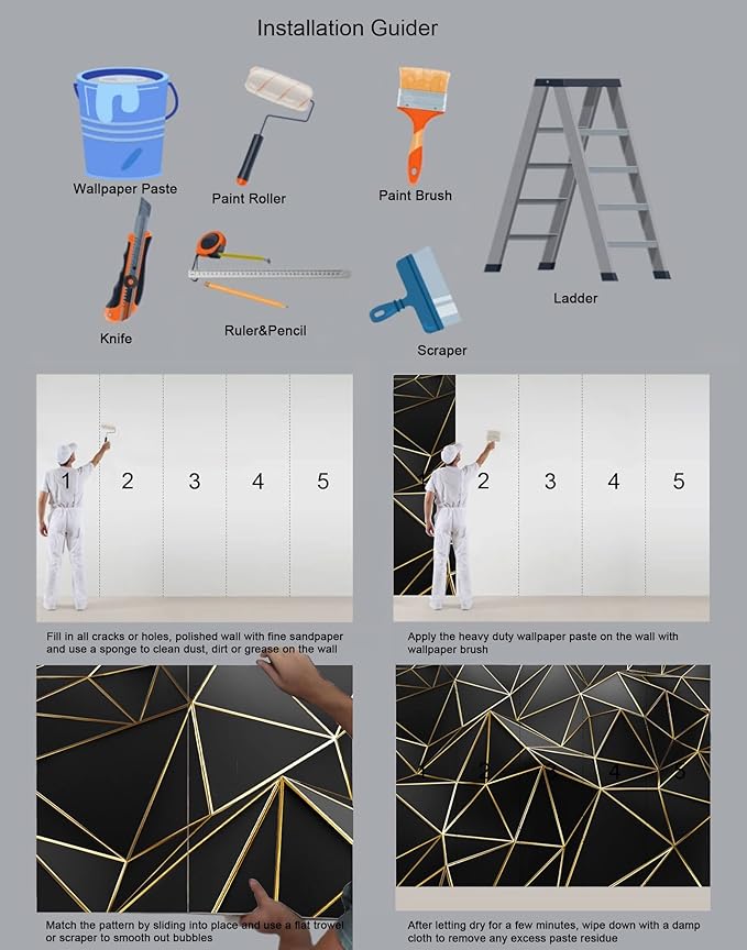 Black and Gold Wallpaper 3D Abstract Geometric Wall Mural for Bedroom Living Room TV Background Wall（Not Peel and Stick）