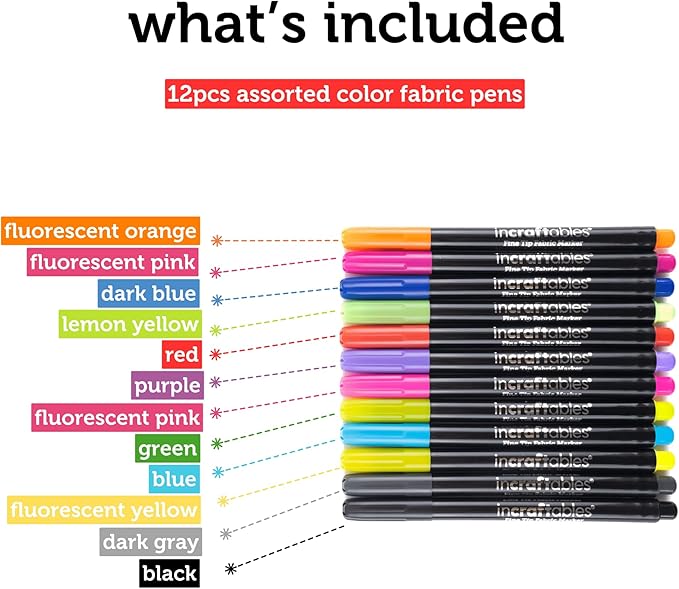 Incraftables Fabric Markers - 12 Pack Permanent Non-Bleed Markers for Clothes, Kids Crafts, Canvas Tote Bags, Quilting, & More - Vibrant Fabric Paint Pens